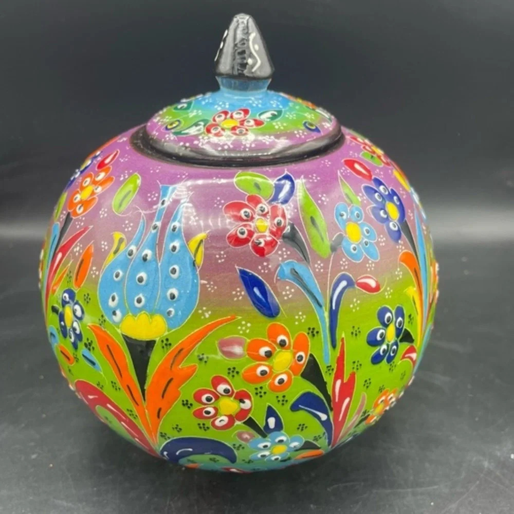 Handmade Turkish Tulip & Floral Iznik Design‎ Ceramic Spherical Jar w Lid 8"T